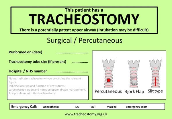 Bed head sign for tracheostomy