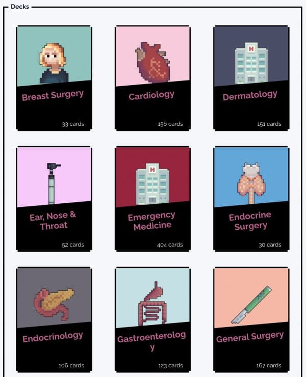 An example of some of the free flashcard decks
