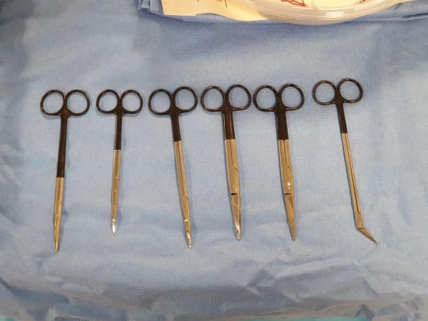 Surgical scissors, from left to right: Metz curved, Jamieson's, Metz straight, Mayo curved and straight, Potts