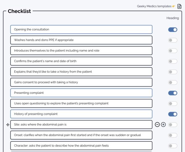 An image showing an examiner checklist created using our OSCE station creator tool