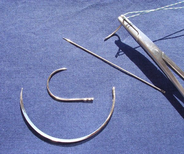 Figure 3. A range of suture needle shapes, including (from left to right) a large curve, a J-shaped curve, a straight needle and a smaller curve