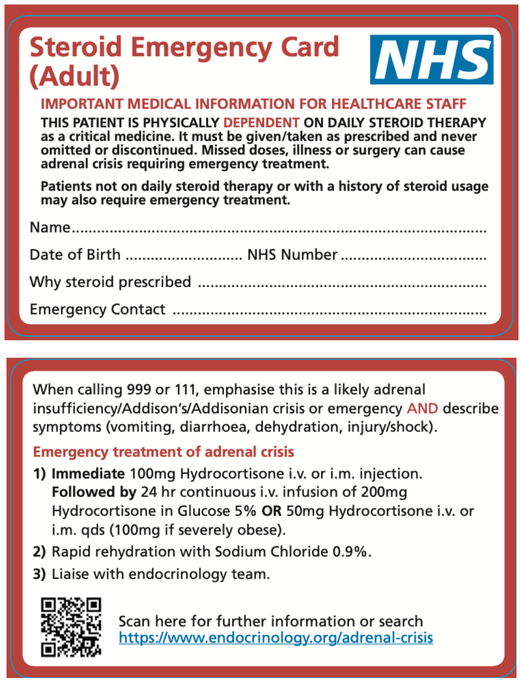 The NHS steroid emergency card for adults from the Society of Endocrinology