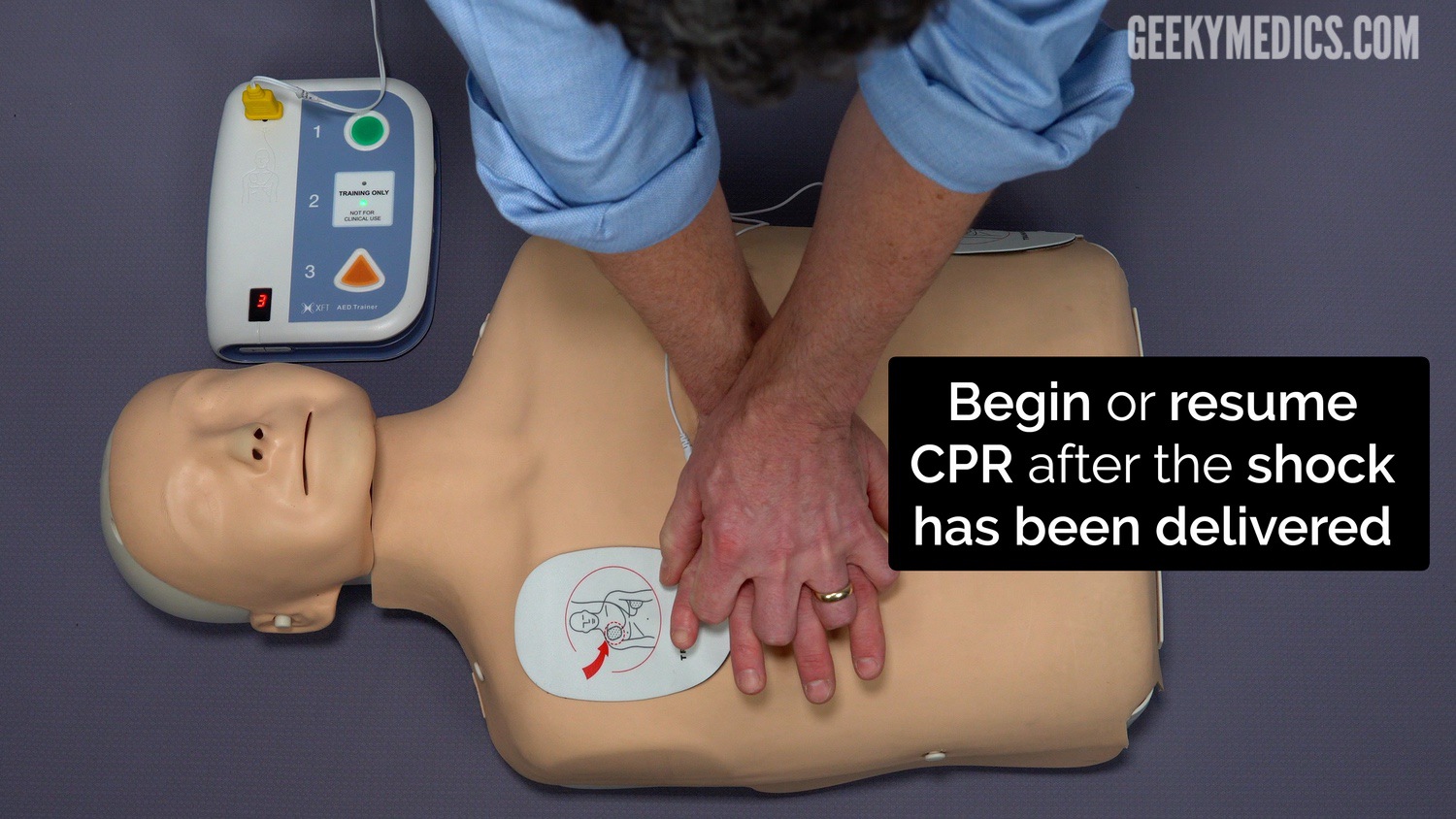 Re-start chest compressions after the shock is delivered
