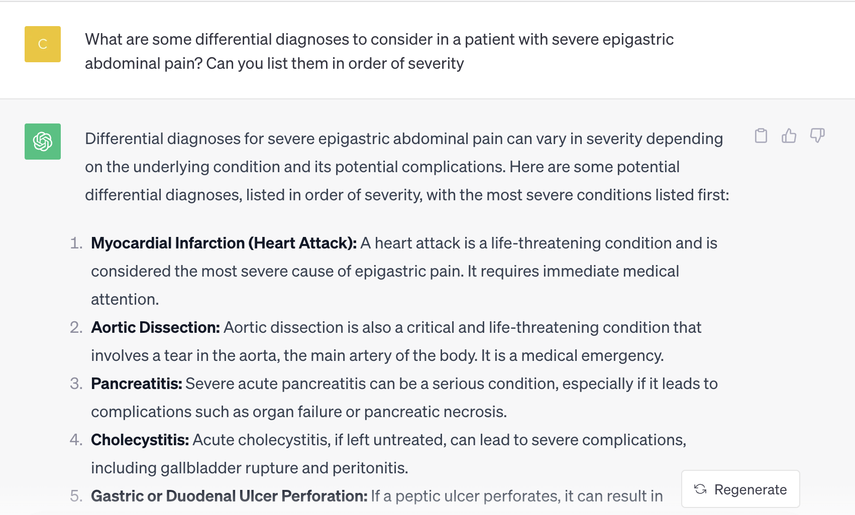 Asking ChatGPT to generate a list of differential diagnoses for epigastric pain
