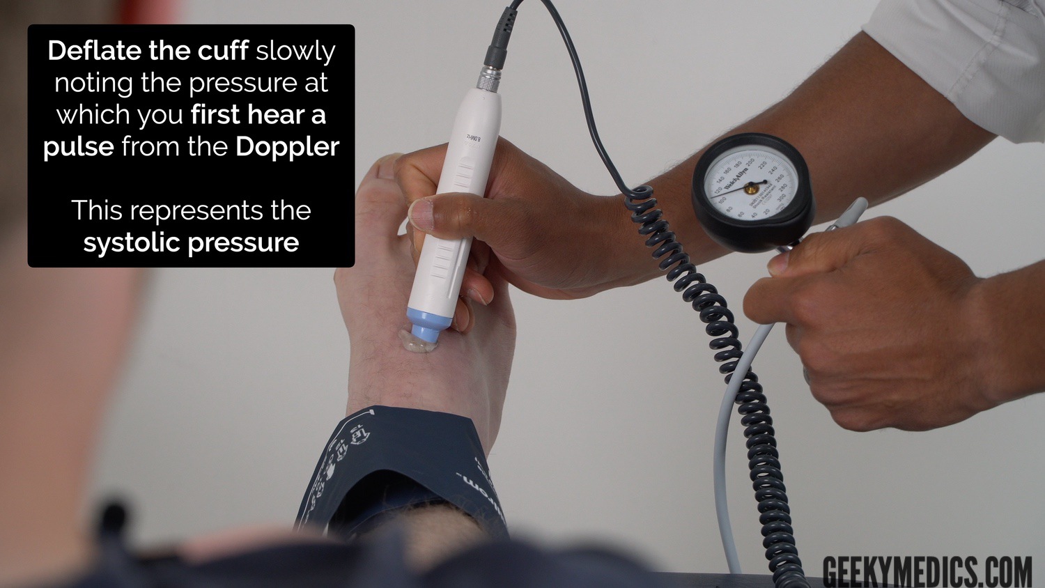 Deflate the cuff slowly, noting the pressure at which you first detect a pulse from the Doppler. This represents the systolic pressure in the vessel being assessed.