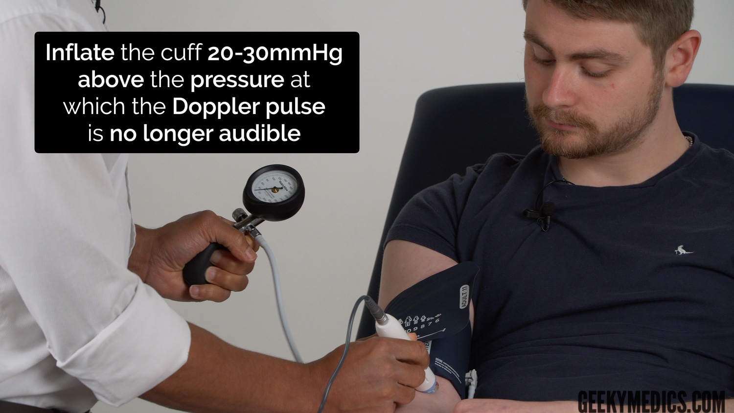 Inflate the cuff 20-30 mmHg above the pressure at which the Doppler pulse is no longer audible