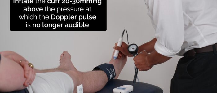 Assess the systolic pressure in the dorsalis pedis artery