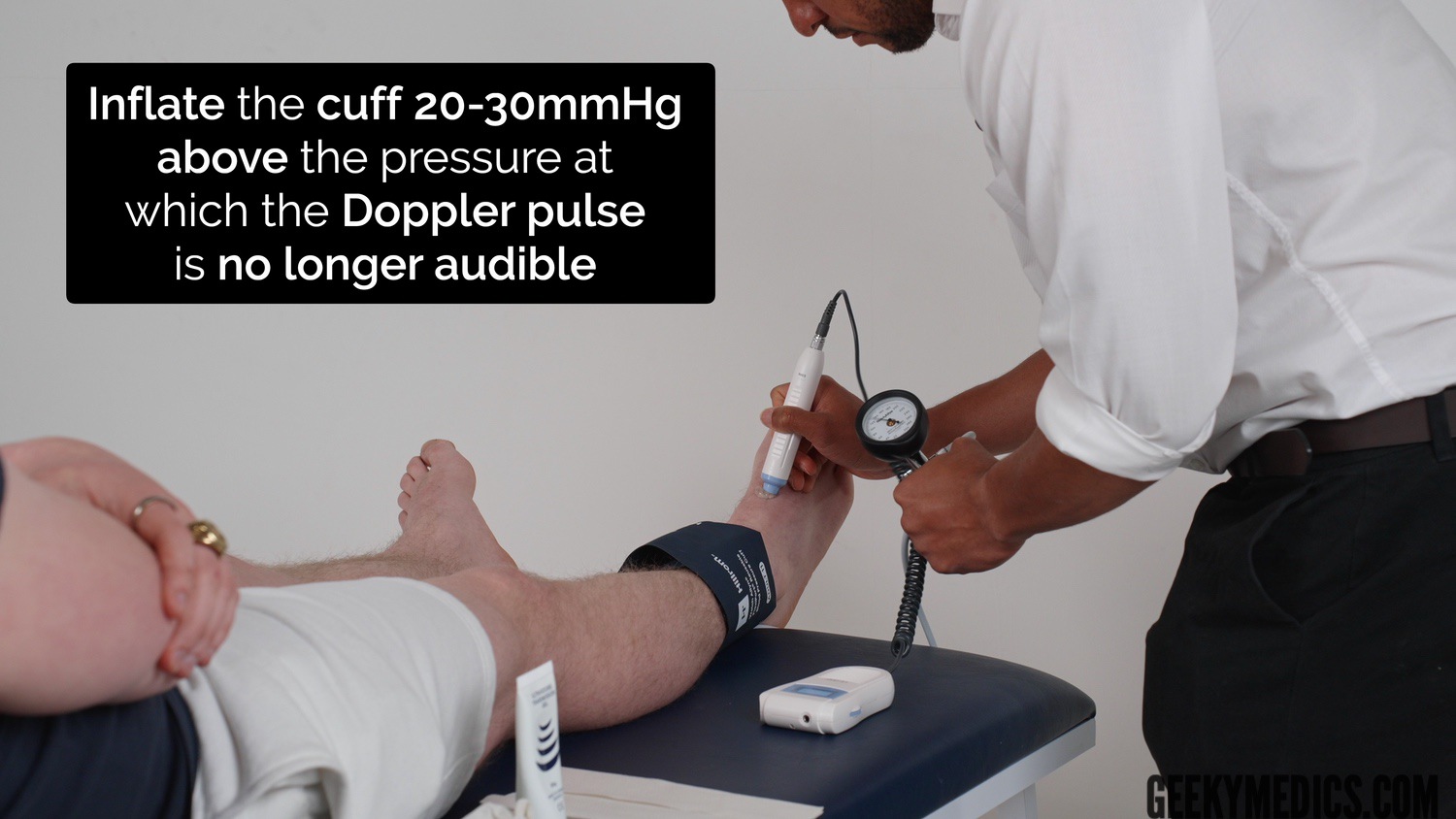 Assess the systolic pressure in the dorsalis pedis artery