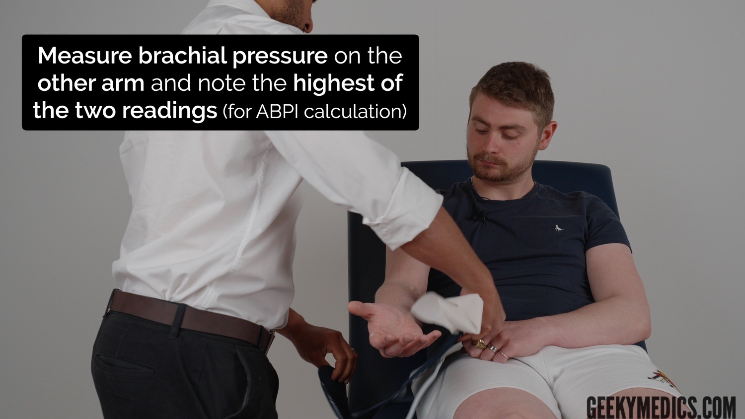 Now repeat on the other brachial artery to assess systolic pressure. Record the higher of the two systolic readings for use when calculating ABPI