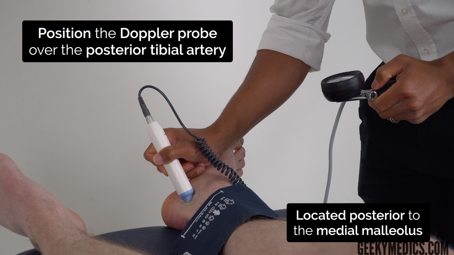 Position the Doppler probe over the posterior tibial artery, which is located posterior to the medial malleolus.