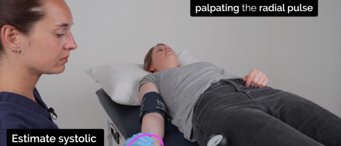Lying and Standing blood pressure: Inflate the blood pressure cuff whilst palpating the radial pulse