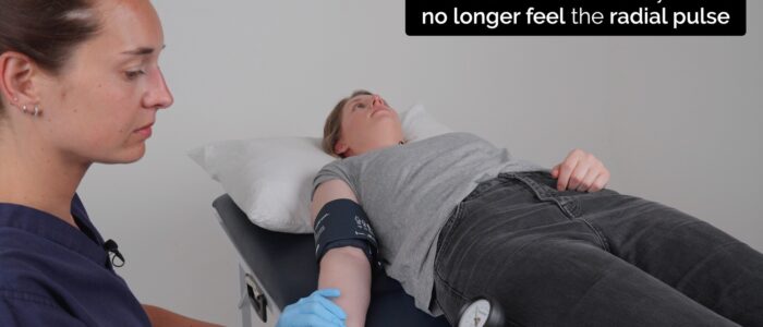 Lying and Standing blood pressure: Inflate the cuff until the radial pulse is no longer palpable and note the reading when the radial pulse is no longer palpable