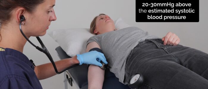 Lying and standing blood pressure: Re-inflate the cuff 20-30 mmHg above the systolic blood pressure you previously estimated