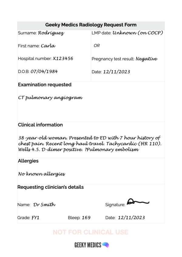 Example completed radiology request form