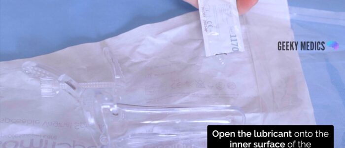 Open the lubricant onto the inner surface of the speculum packaging